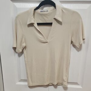 Stradivarius Cream Short Sleeve Collared Top